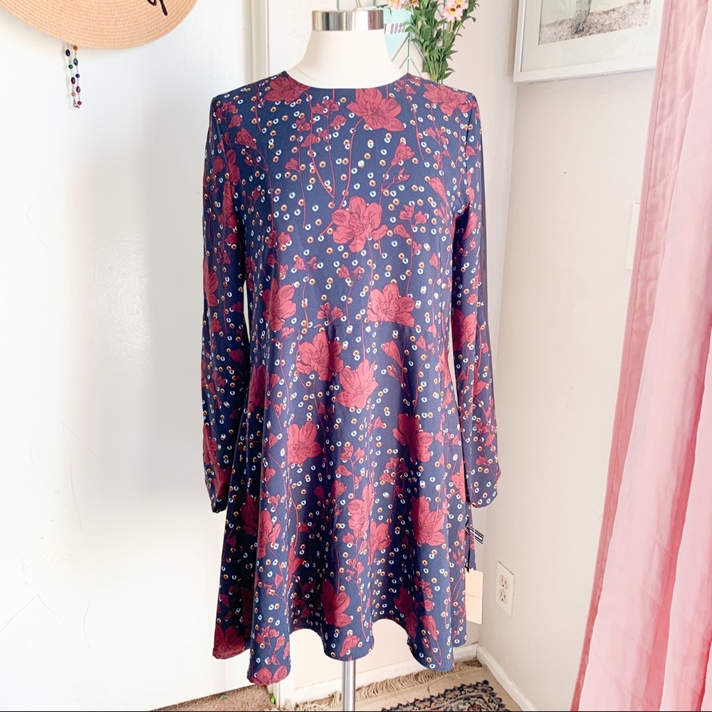 Halogen Blue and Red Floral Long Sleeve Dress